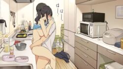 1boy black_hair bottle bowl brown_hair everyday_setting female food frying_pan indoors kitchen microwave original ponytail sex short_hair slice_of_life wakamatsu372