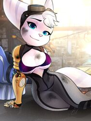 1girls alternate_version_available anthro applespicex big_ears blue_eyes bodysuit bra breasts breasts_out cleavage clothed dirty female female_only furry goggles goggles_on_head grease grease_stains leaning looking_at_viewer messy on_side open_bodysuit ratchet_and_clank ratchet_and_clank:_rift_apart rivet_(ratchet_and_clank) smile solo tail underboob white_fur white_hair