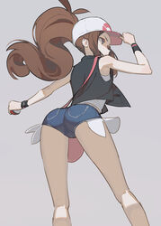 back_view brown_hair cameltoe clothed clothing fully_clothed game_freak grey_background hilda_(pokemon) hks_(timbougami) nintendo pokemon pokemon_bw short_shorts shorts solo solo_female tagme tank_top