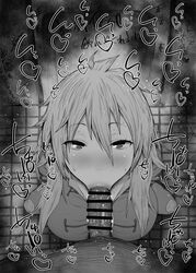 1boy 1girls :>= alternate_version_available bathroom black_and_white blowjob censor_bar censored censored_penis deepthroat_mark dorohedoro fellatio greyscale kurotama looking_at_viewer monochrome nikaido oral pov public_bath public_bathroom saliva saliva_trail