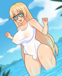 1futa aqua_eyes areolae belka_dog big_breasts blonde_hair blush breasts clothed clothing cuccoking curvy_figure eye_contact futa_only futanari glasses huge_breasts human large_breasts light-skinned_futanari light_skin long_hair looking_at_viewer nipple_bulge original pale_skin partially_clothed solo standing swimsuit thick_thighs water wet wide_hips