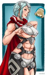 1boy 1girls abs bare_thighs blue_hair cape dagr_(fire_emblem) earrings fire_emblem fire_emblem_heroes inner_thighs kalesklok kiran_(fire_emblem) kiran_(fire_emblem)_(male) medium_breasts medium_hair muscular muscular_female nail_polish nintendo silver_eyes silver_nails solo_female solo_focus teasing underboob