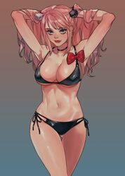 1girls big_breasts bikini blonde_hair blue_eyes bow choker color colored danganronpa danganronpa:_trigger_happy_havoc danganronpa_s:_ultimate_summer_camp female female_focus female_only gyaru hair_ornament hands_behind_head high_resolution highres junko_enoshima navel pink_hair pink_lips smile solo solo_female solo_focus straight_hair strawberry_blonde_hair tdn_ng toned_female twintails underboob wide_hips