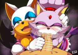 1boy 2girls assisted_fellatio blaze_the_cat elbow_gloves fellatio gloves human human_on_anthro male_human/female_anthro male_on_anthro oral owahi_ego partial_male penis rouge_the_bat shortstack sonic_(series) threesome