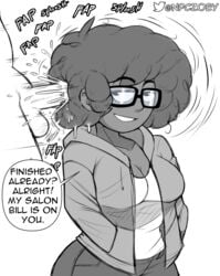 1boy 1girls afro cum cum_inside curvy dark-skinned_female dialogue english_text glasses hair_harpoon hairjob interracial male/female npczoey original smug speech_bubble text zoey_(npczoey)