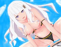 age_difference bikini black breasts cowgirl_position cum cum_in_pussy cum_inside elf elf_ears elf_female female_focus girl_on_top hair_ornament hairclip large_breasts natsuki_subaru older_woman_and_younger_man orange pointy_ears purple_eyes re:zero_kara_hajimeru_isekai_seikatsu satella_(re:zero) silver_hair sky teenage_boy teenager track_suit witch