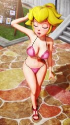 1girls 3d alternate_body_type artist_request big_breasts bikini blonde_hair breasts cleavage closed_eyes curvy female female_only heels lips makeup mario_(series) mmd nail_polish navel nintendo one_arm_up outside panties pink_bikini pink_nails ponytail princess_peach short_hair solo thick_thighs toenail_polish walking