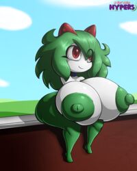 anthro areola ass ass_expansion big_areola big_breasts big_butt breasts bubble_butt emillie_(zanbonsen) female green_hair hair hi_res huge_breasts humanoid kirlia nintendo nipples outside pokémon_(species) pokemon pokemon_(species) puffy_areola puffy_nipples red_eyes shortstack sitting smile solo thick_thighs video_games zanbonsen