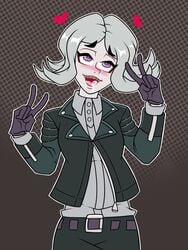 1girls ahe_gao ahegao bell_haircut blushing danganronpa danganronpa_(series) deep_blush female grey_hair happy_female heart horny_female kimura_seiko owl_pie peace_sign rolling_eyes saliva simple_background straight_hair unmasked upwing_bell