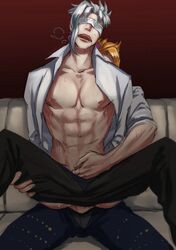 2boys anal anal_sex blindfold blindfolded front_view gay jojo&#039;s_bizarre_adventure male male/male male_only male_penetrating moaning muscular_male noriaki_kakyoin on_couch open_shirt orange_hair riding saku_(artist) selfcest stardust_crusaders sweaty white_hair