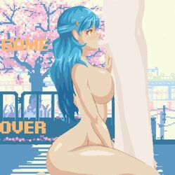 animated big_ass big_breasts blowjob blue_hair blush braid breasts deepthroat deepthroat_no_hands eye_contact female game_over game_over_screen jayking kneeling no_gag_reflex nude nude_female on_knees oral orange_eyes original outdoors pixel_art saliva sucking yellow_eyes