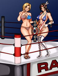 2girls alluring american_flag american_flag_bikini belt bikini champion championship_belt crossover dead_or_alive deviantart female female_only hentai-foundry jaycee julia_chang kyunamaori multiple_girls namco sling_bikini swimsuit team_ninja tecmo tekken tekken_7 tekken_tag_tournament_2 tina_armstrong wrestler wrestling wrestling_ring wwe xwf