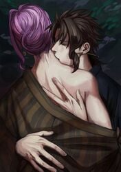 2boys brown_hair gay intimate japanese_clothes jojo's_bizarre_adventure kissing_neck male/male male_only noriaki_kakyoin pink_hair saku_(artist) selfcest stardust_crusaders stardust_crusaders_(ova) tied_hair undressing