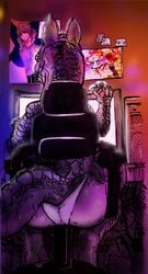 anthro ass back_view butthole cat_ears chair claws computer dinosaur facing_away femboy furry gamer gaming_chair kojoarts male male_only monster naughtypaw_(artist) nerd oc original_character pc pc_game presenting_ass presenting_hindquarters raptor reptile round_ass round_butt scales scalie sitting_on_chair solo solo_focus sweat tight_underwear ttherandom tthrandom tthrandom_rp underwear