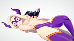 2girls belt black_hair blonde_hair blue_eyes covering_breasts covering_crotch covering_nipples covering_pussy giantess gloves kneesocks koikatsu legs_up long_hair lying_on_breasts lying_on_person mask medium_breasts messy_hair midnight_(my_hero_academia) mount_lady my_hero_academia nemuri_kayama pin_up purple_eyes superheroine systemsearcher white_background yuu_takeyama