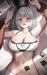 1boy 1girls 2021 arm_grab armpits arms_above_head arms_restrained arms_up barely_contained bed belly_button black_bunny_ears blush blushing_at_viewer breasts bunny_ears cleavage company_logo condom dubious_consent female female_focus green_eyes held_down hi_res hips hololive hololive_fantasy hololive_japan huge_breasts instagram kuse_(0201) looking_at_viewer lying_on_back lying_on_bed male male_pov missionary_position nervous nike on_back open_mouth pinned_down pov questionable_consent rape restrained scared shirogane_noel short_hair simple_background skindentation slim_waist sports_bra sweat sweaty_body tablet tearing_up tears tight_clothing tight_fit trembling virtual_youtuber white_hair white_sports_bra white_yoga_pants wide_hips workout_clothes wrist_grab yoga_pants