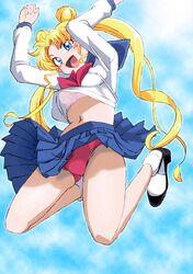 1girls bishoujo_senshi_sailor_moon blonde_hair blue_eyes blush bra breasts clothed clothed_female clothes clothing female female_only hair hair_bun jumping knees_bent long_hair looking_at_viewer onnaski open_mouth open_smile panties pink_bra pink_panties school_uniform shoes skirt skirt_lift small_breasts smile socks solo solo_female tongue twintails upskirt usagi_tsukino wind_lift