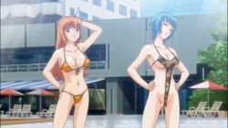 2girls bikini_competition blue_eyes blue_hair brown_eyes brown_hair byakko_akiha camouflage_bikini camouflage_print camouflage_sling_bikini haramasete_seiryuu-kun! light-skinned_female long_hair multiple_girls orange_bikini orange_eyes orange_hair pale-skinned_female screencap screenshot short_hair sling_bikini slingshot_swimsuit suzaku_natsuhime swimsuit_competition swimwear_competition