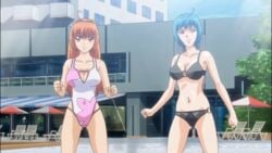 2girls bikini bikini_competition blue_eyes blue_hair brown_eyes brown_hair byakko_akiha grey_bikini haramasete_seiryuu-kun! multiple_girls one-piece_swimsuit orange_eyes orange_hair pale-skinned_female pink_swimsuit pink_swimwear screencap screenshot suzaku_natsuhime swimsuit swimsuit_competition swimwear swimwear_competition white_swimsuit white_swimwear