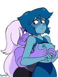 2girls amethyst_(steven_universe) areolae biting_lip blue_hair blue_skin breast_grab breasts digitalkaiju female female_only fondling grabbing_from_behind hair_over_one_eye lapis_lazuli_(steven_universe) long_hair multiple_girls navel nervous nipples pink_hair purple_skin seductive_look shirt_up short_hair smile steven_universe sweatdrop white_background yuri