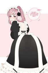 1girls alternate_costume ass back back_view backboob bangs bare_back blue_eyes bride clumsy cryptid_crab english_text felicia_(fire_emblem) fire_emblem fire_emblem_fates huge_ass huge_breasts long_hair looking_at_viewer looking_back maid nintendo pink_hair ponytail solo solo_female text thick_thighs tripping wedding_dress