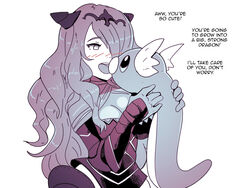 1girls blush camilla_(fire_emblem) crossover dialogue dratini english_text eye_contact female fire_emblem fire_emblem_fates hi_res long_hair nintendo pokémon_(species) pokemon text white_background wolfgang_bang year_request zoophilia