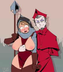 blue_eyes blush breasts breasts_out_of_clothes brown_hair cardinal embarrassed female gloves grey_hair guard hat helmet large_breasts male medieval_armour open_mouth popthesnowman priest robe shirt_pull spear sweat templar thick_thighs thighhighs tunic