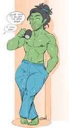 abs bulge coffee_mug dsan goblin goblin_male green_body green_skin holding_object male_focus male_only man_bun solo_male source_request topless