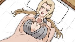 alpha_male big_breasts blonde_hair breasts brown_eyes busty cum cum_on_breasts cum_on_face cumdrip female_on_bottom huge_breasts jikage_rising kimono lying lying_on_back lying_on_bed male_on_top mature mature_female naruto naruto_(series) naruto_shippuden on_back on_bed open_mouth paizuri paizuri_under_clothes penis sitting sitting_on_person sleeveless smilingdog tsunade