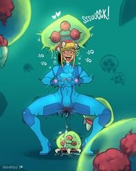 1girls brain_drain darkhatboy drooling groping_breasts heart hypnosis metroid metroid_(creature) mind_break nintendo pussy_juice samus_aran tongue_out zero_suit zero_suit_samus