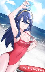 1girls absurdres alternate_costume beach blue_eyes blue_hair blush bottle breasts day female fire_emblem fire_emblem_awakening grimmelsdathird hair_between_eyes highres lifeguard long_blue_hair long_hair looking_at_viewer lucina_(fire_emblem) nintendo not_cum one-piece_swimsuit one_eye_closed public red_one-piece_swimsuit red_swimsuit rescue_buoy simple_background sky small_breasts solo swimsuit symbol-shaped_pupils tan tanlines tiara wet