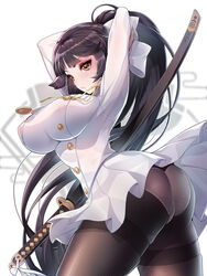 ass azur_lane black_hair black_legwear bow breasts fully_clothed koflif long_hair panties_under_pantyhose pantyhose ponytail skirt takao_(azur_lane) thighband_pantyhose weapon yellow_eyes