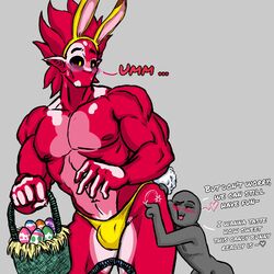 anon anthro bigger_dom bigger_male blush bodypaint bulge bunny_ears bunny_tail dark_eyes dialog dialogue digital_media_(artwork) easter_bunny_(cosplay) easter_egg egg_basket facepaint holidays kojoarts male_only naughtypaw_(artist) nipples oc original_character painted_body red_skin size_difference spiky_hair surprised text thong ttherandom tthrandom tthrandom_rp yellow_pupils