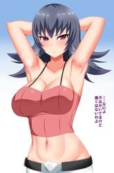 armpits belt blush breasts crop_top female female_focus female_only game_freak gym_leader looking_at_viewer medium_hair midriff murasame_(pixiv_38411450) navel nintendo pink_crop_top pokemon pokemon_hgss pokemon_rgby sabrina_(pokemon) sabrina_(pokemon_hgss) skin_tight solo_female translation_request tummy