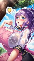 apron big_breasts black_bra blue_eyes bra bra_visible_through_clothes clouds eyebrows_visible_through_hair female fully_clothed game_cg hair_between_eyes lemon lucy_(project_qt) nutaku open_mouth pink_apron ponytail project_qt purple_hair see-through see-through_clothing sky solo solo_female solo_focus sweat sweatdrop tree