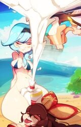 2girls amber_(genshin_impact) bikini blue_hair bow brown_hair character_name disabledfetus eula_(genshin_impact) female female_only genshin_impact human light_skin paimon_(genshin_impact) pale_skin suggestive_fluid tongue tongue_out