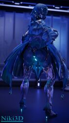 1080p 3d 3d_(artwork) alien_humanoid bioluminescence clothing glowing_genitalia glowing_pussy large_ass niki3d presenting presenting_pussy pussy simple_background skirt skirt_lift solo standing warframe yareli_(warframe)