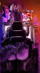 anthro anus ass back_view cat_ears chair claws computer dinosaur facing_away femboy furry gamer gaming_chair kojoarts male male_only monster naughtypaw_(artist) nerd oc original_character pc pc_game presenting_anus presenting_ass presenting_hindquarters raptor reptile round_ass round_butt scales scalie sitting_on_chair solo sweat ttherandom tthrandom tthrandom_rp