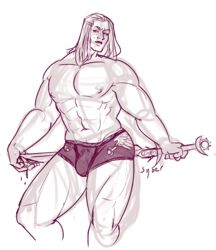 1boy bara bara_tits beauty_mark blood bulge emperors_children fulgrim gay imperium_of_man long_hair long_hair_male male_focus male_solo monochrome muscular muscular_male primarch sketch sketchy solo_male sword syberfab underwear warhammer_(franchise) warhammer_40k