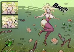 1girls bayli_kotova_(baffy) blonde_hair blue_eyes blush breasts_out comic english_text heels original parasite sadgravy slave slave_outfit solo_female speech_bubble stockings underwater