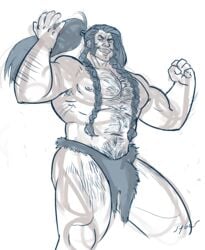 1boy bara bara_tiddies bara_tits braid braided_hair bulge hairy hairy_chest hairy_male imperium_of_man leman_russ loincloth long_hair_male male_focus male_solo muscular muscular_male ponytail primarch sketch sketchy solo_male space_wolves syberfab warhammer_(franchise) warhammer_40k