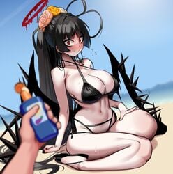 1girls bags_under_eyes beach big_breasts bikini black_bikini black_hair black_nail_polish black_nails blue_archive blue_sky blurred_background blushing blushing_at_viewer breasts burakku-ra busty cleavage closed_mouth female female_focus flower flying_sweatdrops hair_ornament halo high_resolution hime_cut holding_object huge_breasts justice_task_force_(blue_archive) large_breasts light-skinned_female light_skin long_hair looking_at_viewer nail_polish nervous nervous_smile outdoors painted_nails pale-skinned_female pale_skin ponytail pov_hands red_eyes sandals scared_expression side-tie_bikini side-tie_bikini_bottom sitting sky suncream sweat sweatdrop swimsuit tagme tagme_(artist) tied_hair tired_eyes trinity_general_school_student tsurugi_(blue_archive) tsurugi_(swimsuit)_(blue_archive) very_long_hair wariza wavy_mouth