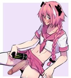 1boy astolfo_(fate) astolfo_monster_cosplay_(meme) balls big_penis blush braid crossdressing cute_male drink erection fate/grand_order fate_(series) femboy huge_cock hung_trap kukumomo male male_only measuring_penis midriff monster_energy monster_energy_drink navel no_panties penis pink_hair skirt soda soda_can spread_legs testicles thighhighs trap