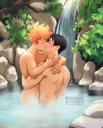 2boys black_hair blush gay haikyuu!! hot_spring kissing male male_only orange_hair reallycorking shoyo_hinata tobio_kageyama waterfall yaoi