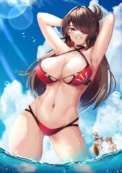 1boy 1boy1girl 1girls armpits arms_behind_back arms_up beach beidou_(genshin_impact) bikini brown_hair busty cleavage cloud female female_focus genshin_impact hi_res kaedehara_kazuha looking_at_viewer masaki_nanaya paimon_(genshin_impact) red_bikini red_eyes sky smile water wet