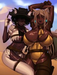 2girls ahoge ahoge_catgirl_(kevbot) breasts brown-haired_catgirl_(kevbot) cleavage dark-skinned_female dark_skin female female_only huge_breasts kevbot mature_female milf mother_and_daughter multiple_girls original