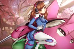 1girls :3 brown_eyes brown_hair clothing d.va female female_only fully_clothed headgear large_ass meka overwatch peace_sign redgrel robot small_breasts smile solo tight_clothing