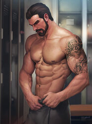 1boy abs aenaluck athletic athletic_male bara beard biceps big_balls big_butt big_muscles big_penis black_hair calves carlnes_(aenaluck) chest_hair daddy facial_hair hairy hunk inside jock locker_room looking_down male male_only manly muscle muscles muscular nude original_character pecs pectorals public realistic solo tattoo tattoos thick_cum thick_legs thick_penis thick_thighs towel towel_only veins veiny_muscles