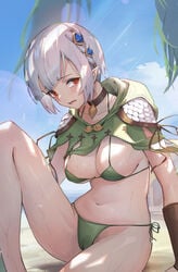 bacteria_101 bikini breasts cameltoe close-up embarrassed ena_(monster_hunter) monster_hunter monster_hunter_stories monster_hunter_stories_2:_wings_of_ruin pointy_ears red_eyes silver_hair thighs tropical wyverian