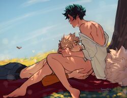 2boys ass_grab barefoot barely_visible_genitalia barely_visible_penis blonde_hair blowjob closed_eyes gay genitals green_hair hand_on_ass head_grab izuku_midoriya katsuki_bakugou lying_on_stomach male male/male male_only my_hero_academia open_mouth oral oral_sex outdoors outside pants penis shirt sitting spacenipnops spiky_hair yaoi